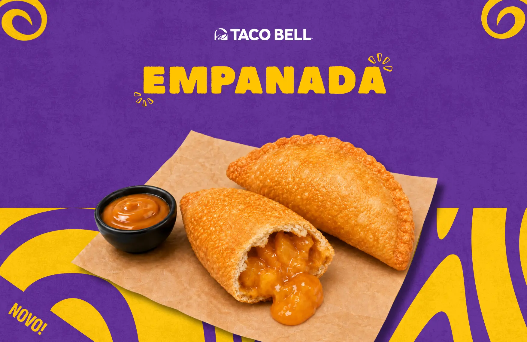 Taco Bell promotional graphic for empanadas two golden fried empanadas with dipping sauce on parchment